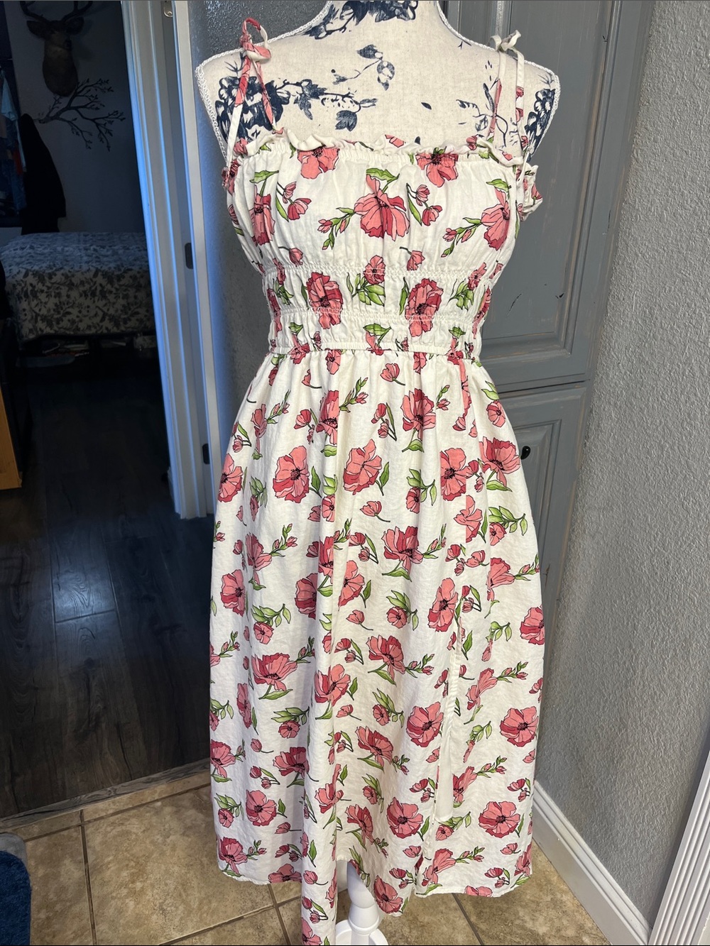 Forever 21 White Midi Dress with Pink Floral Print